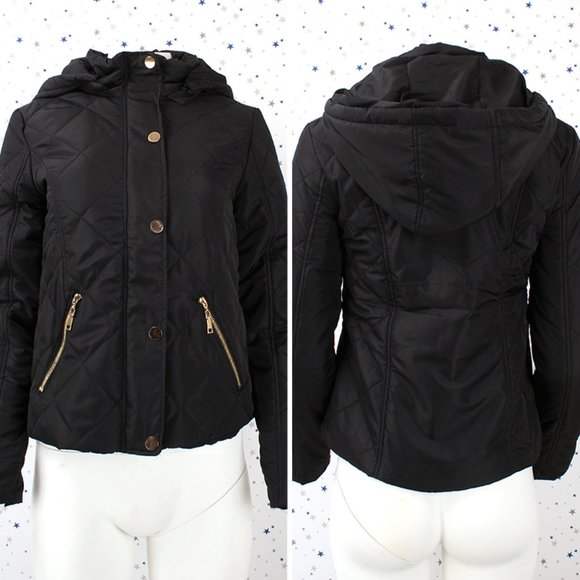 Removable Hood Quilted Padding Jacket Black - Picture 1 of 9